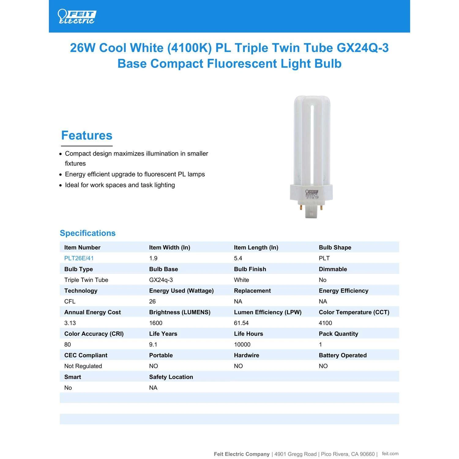 Feit CFL 26 W PL 2.1 In. D X 5.2 In. L Fluorescent Bulb Cool White Tubular 4100 K 1 Pk - Image 5