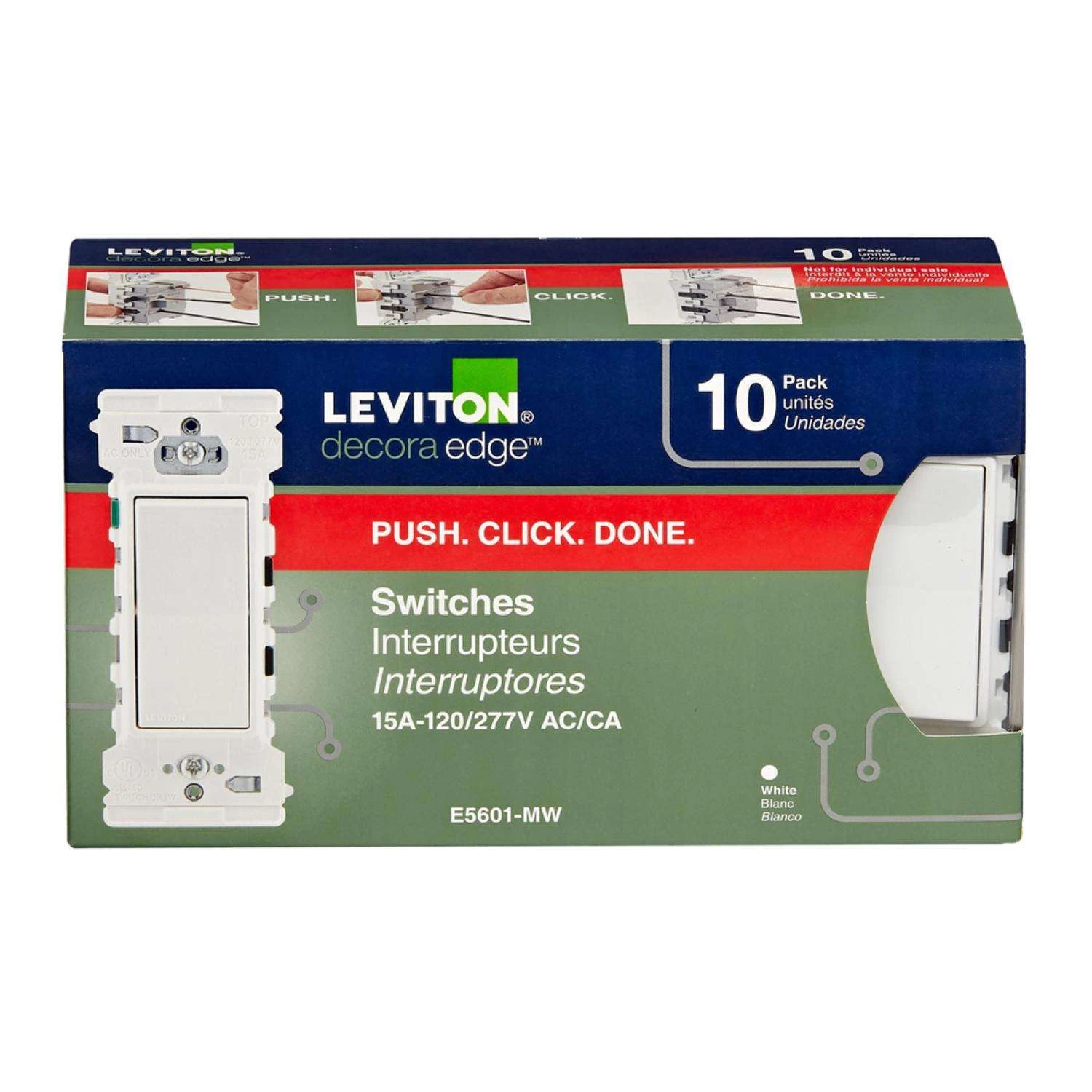 Leviton Decora Edge 15 Amps Single Pole Rocker Switch White 10 Pk