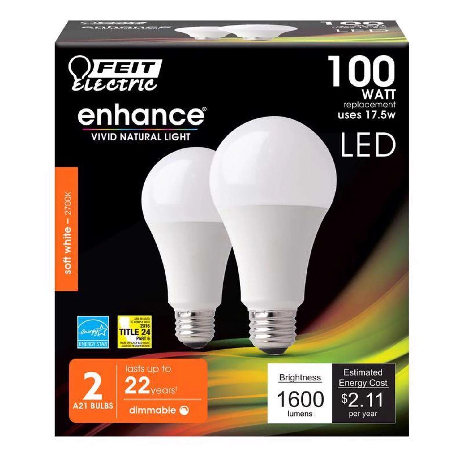 Feit LED A19 E26 (Medium) LED Bulb Soft White 100 Watt Equivalence 2 Pk