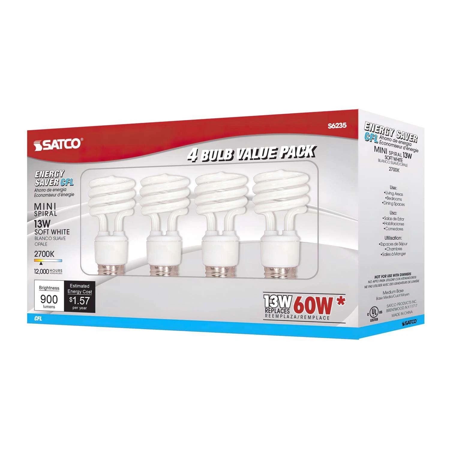 Satco 13 W T2 1.81 In. D X 4.13 In. L CFL Bulb Soft White Compact 2700 K 4 Pk - Image 3