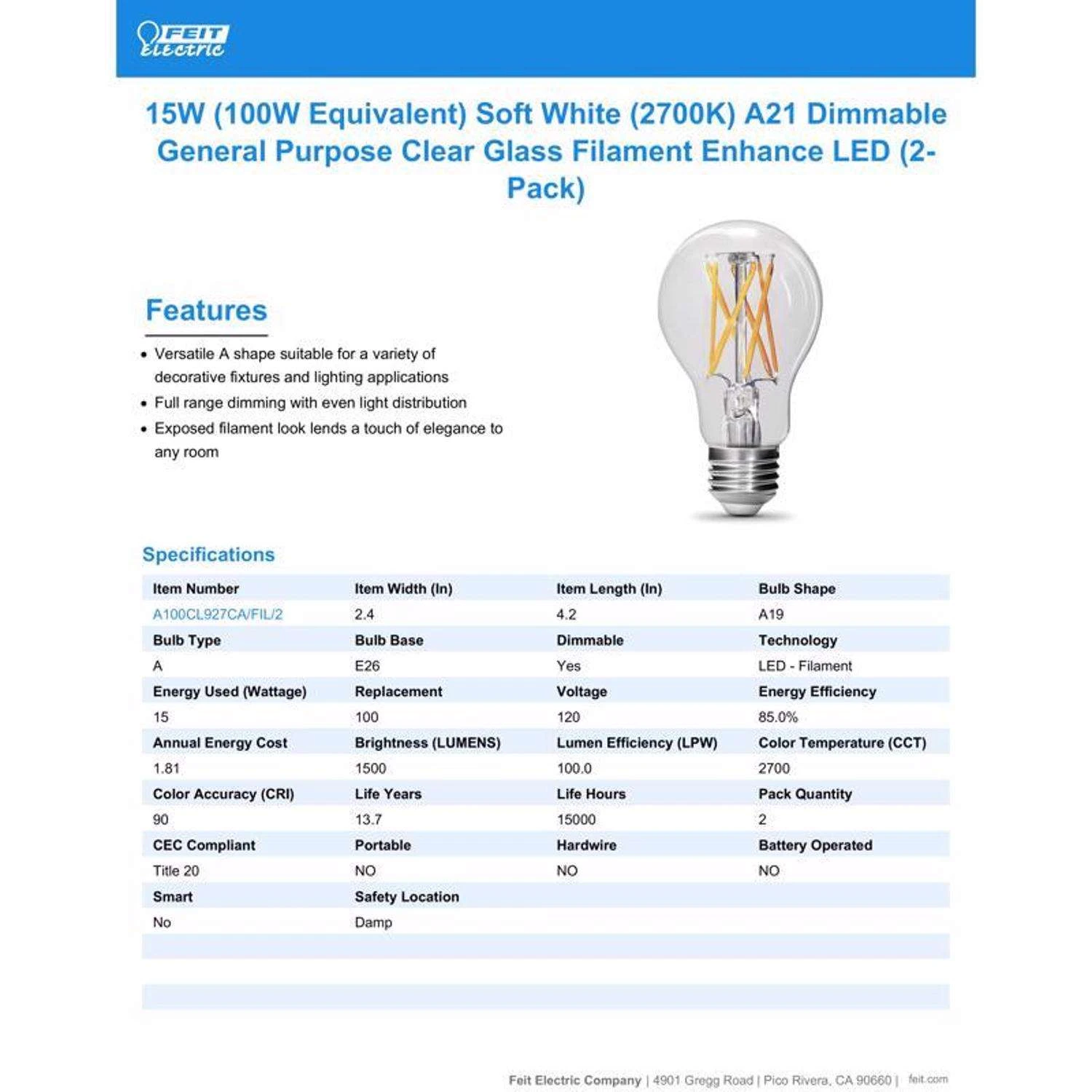 Feit Enhance A19 E26 (Medium) Filament LED Bulb Soft White 100 Watt Equivalence 2 Pk - Image 7