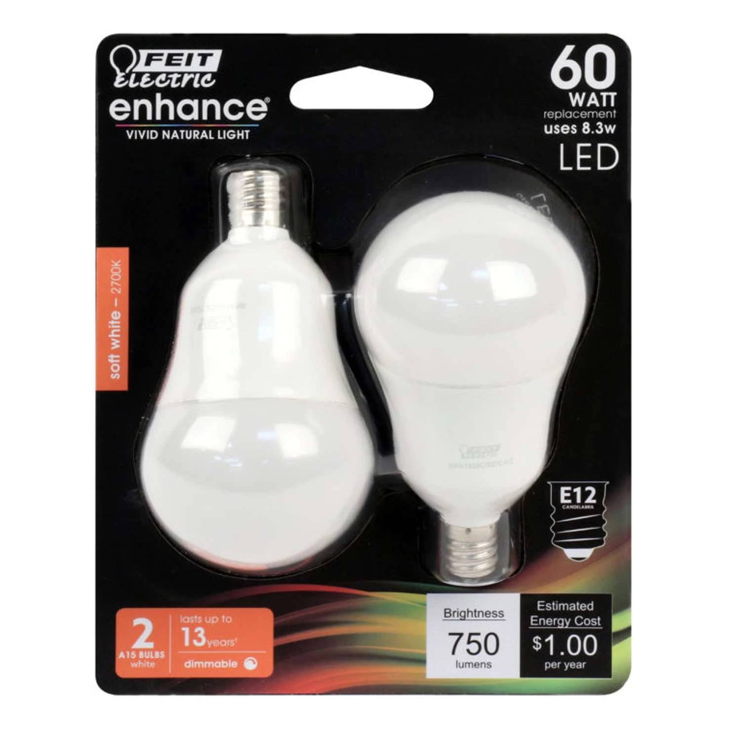 Feit Enhance A15 E12 (Candelabra) LED Bulb Soft White 60 Watt Equivalence 2 Pk