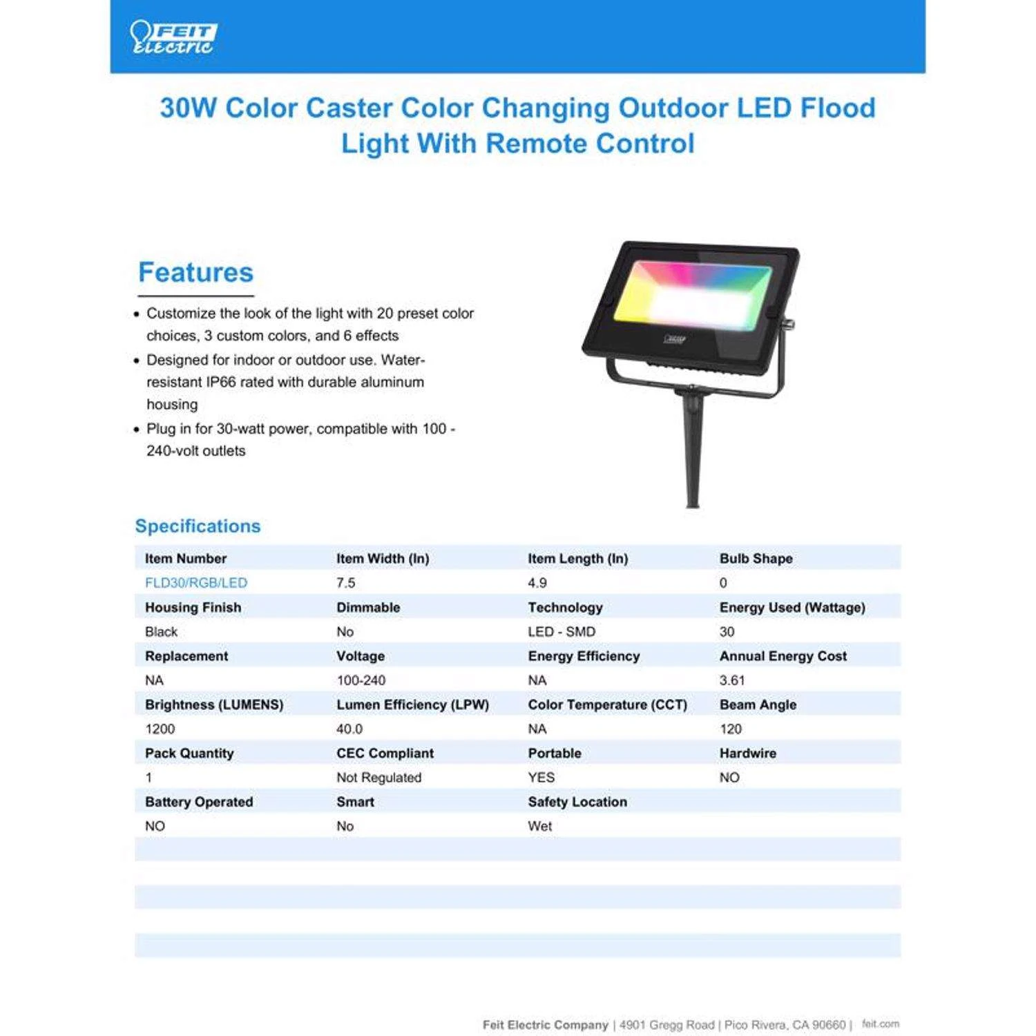 Feit Color Caster Black Plug In/Remote 30 W LED Floodlight 1 Pk - Image 8