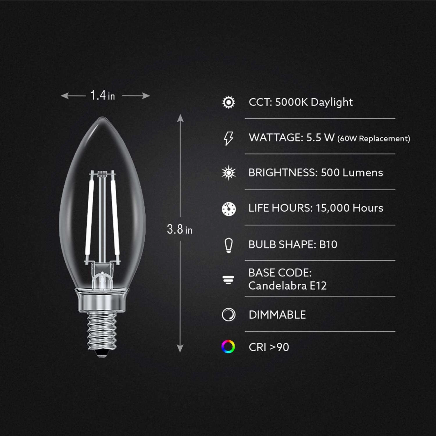 Feit White Filament BA10 E12 (Candelabra) Filament LED Bulb Daylight 60 Watt Equivalence 2 Pk - Image 7