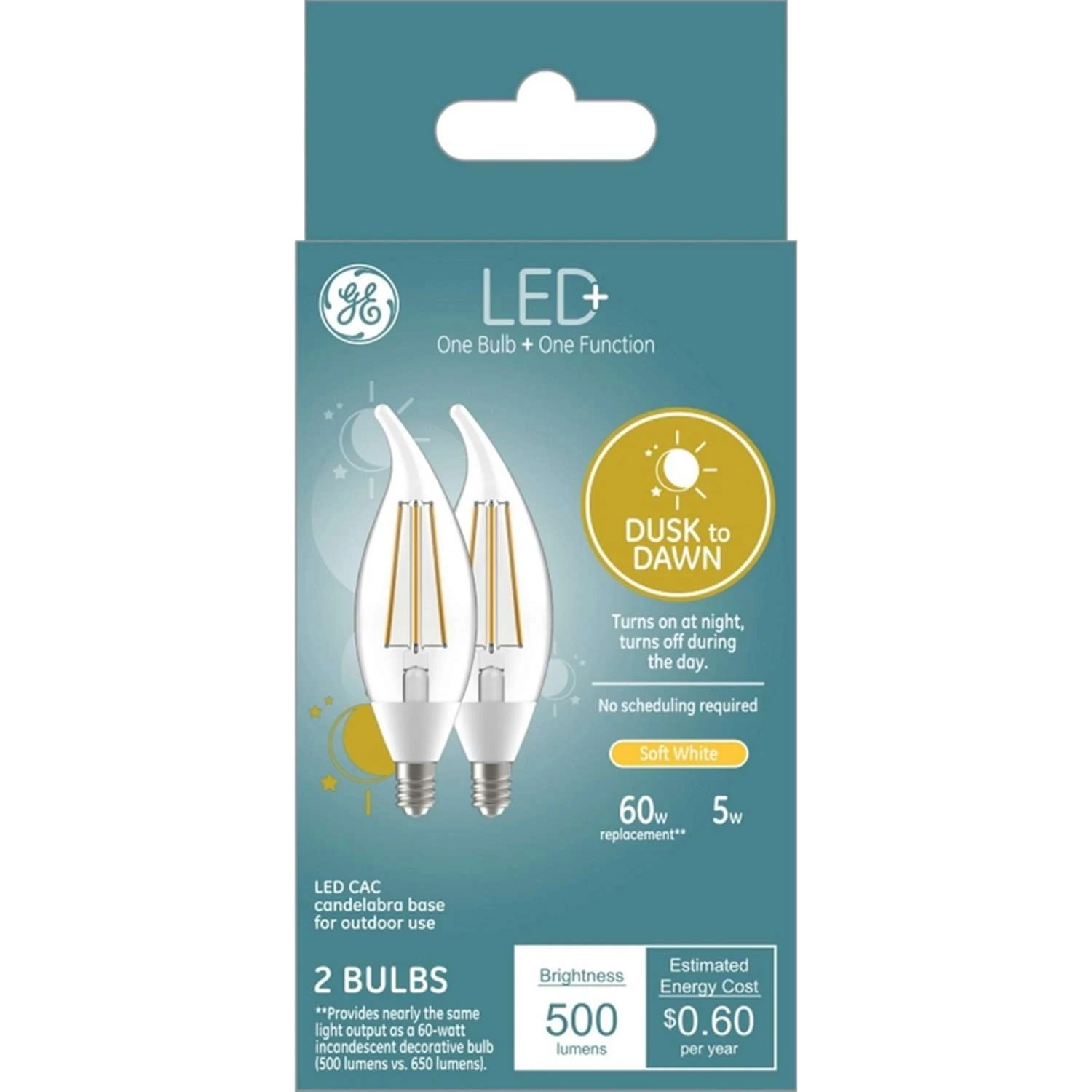 GE LED+ CAC E12 (Candelabra) LED Dusk To Dawn Bulb Soft White 60 Watt Equivalence 2 Pk