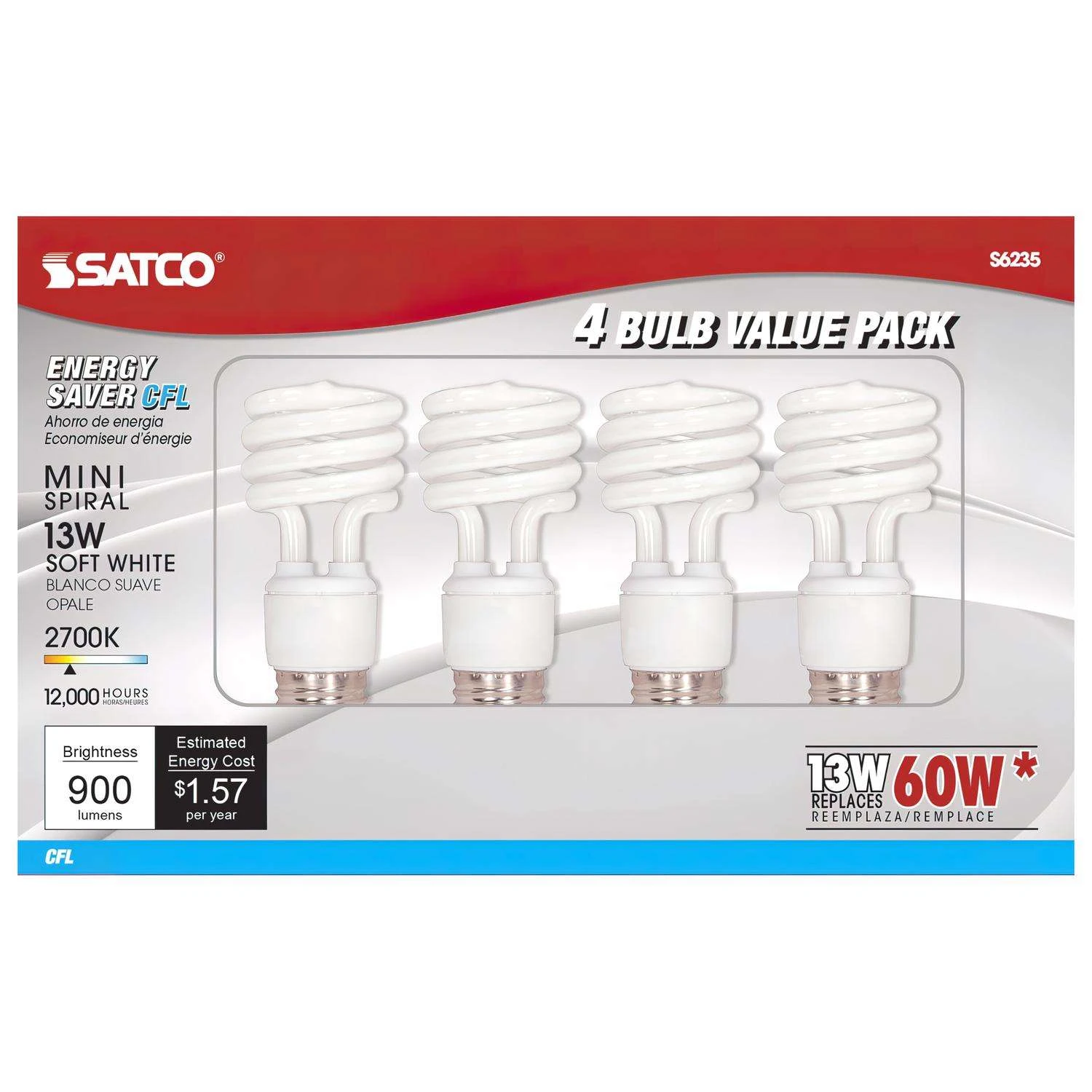 Satco 13 W T2 1.81 In. D X 4.13 In. L CFL Bulb Soft White Compact 2700 K 4 Pk