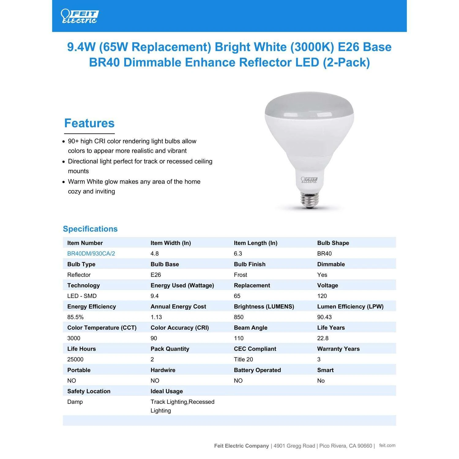 Feit LED BR40 E26 (Medium) LED Bulb Bright White 65 Watt Equivalence 2 Pk - Image 6