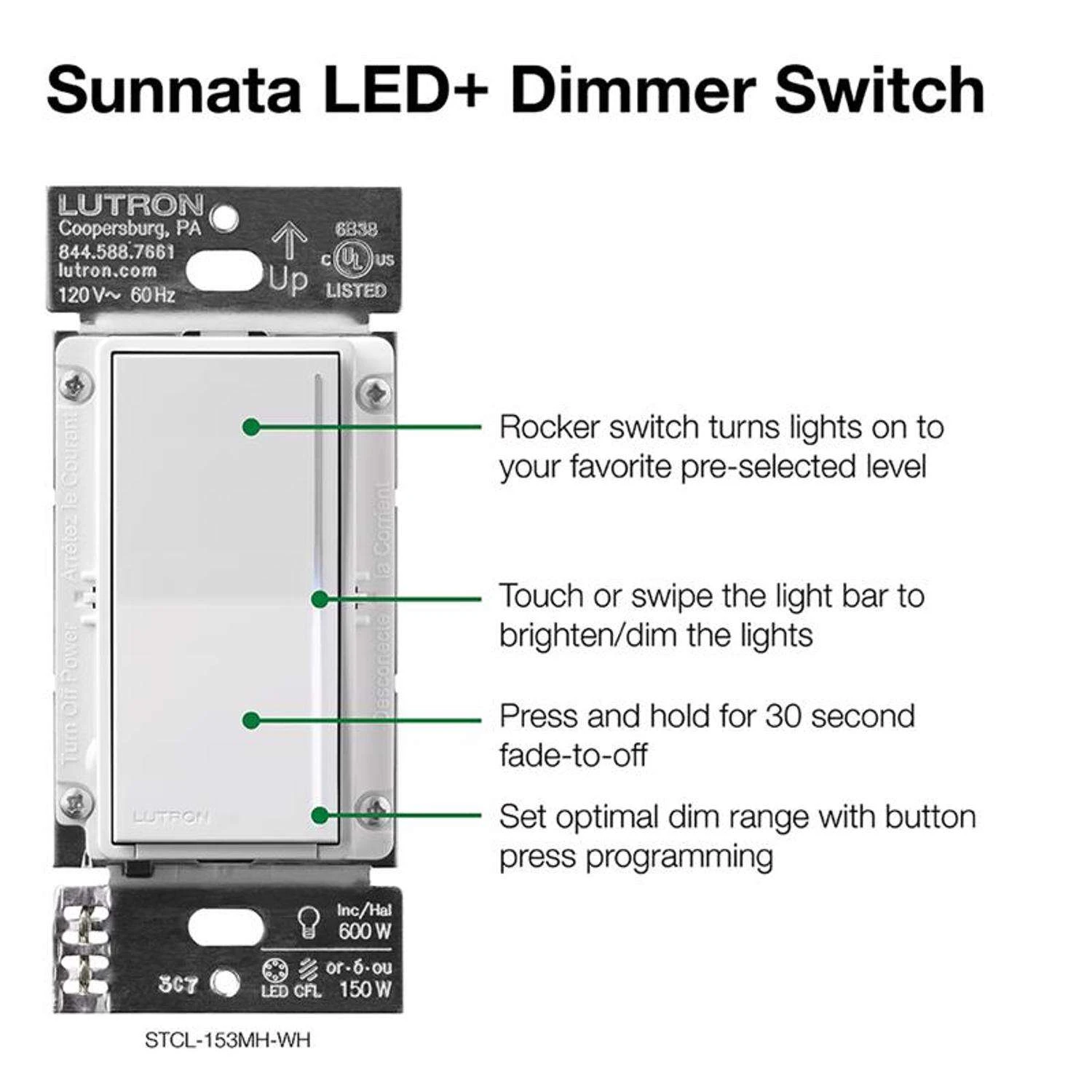 Lutron Sunnata 1.25 Amps Single Pole 3-Way Dimmer Switch White 1 Pk - Image 3
