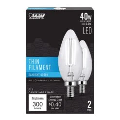 Feit B10 E12 (Candelabra) Filament LED Bulb Daylight 40 Watt Equivalence 2 Pk
