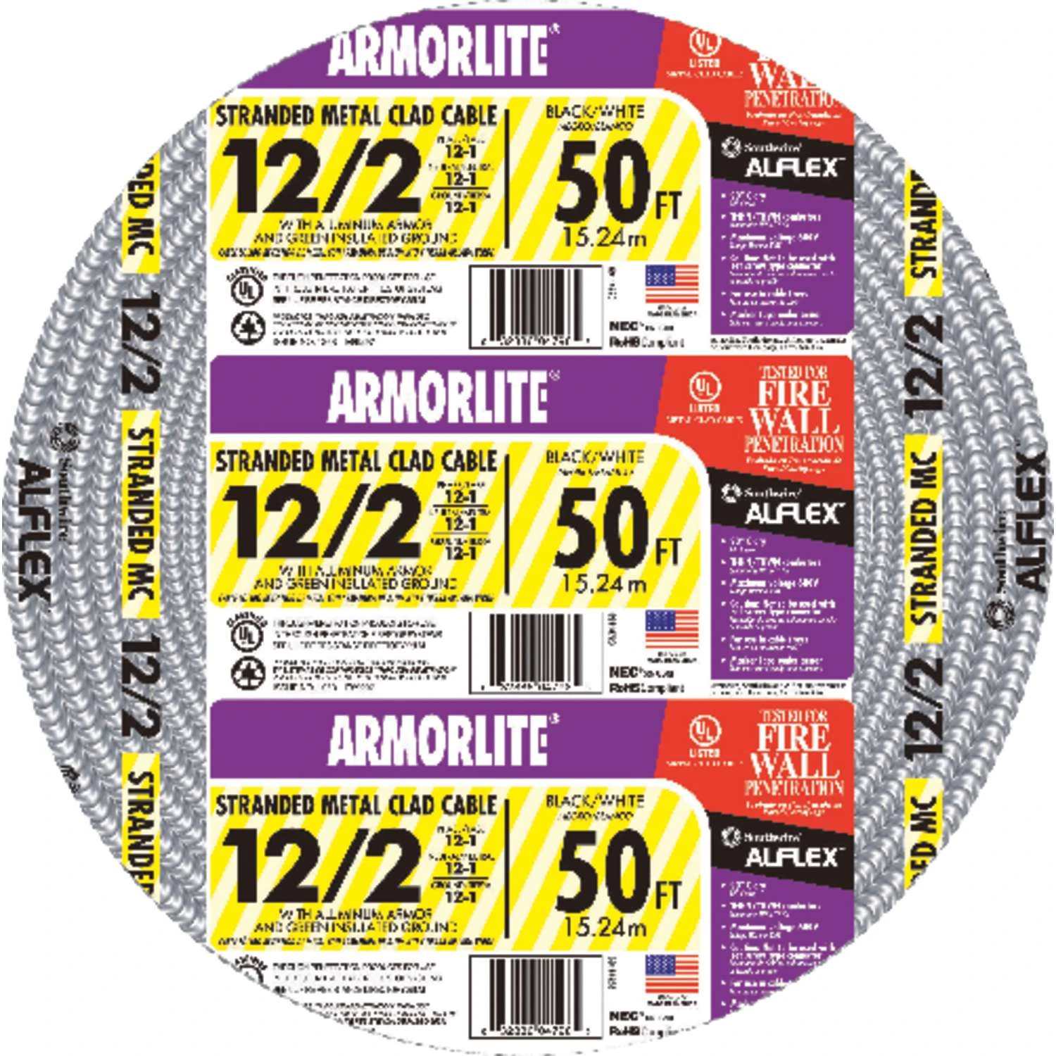 Southwire 50 Ft. 12/2 Stranded Aluminum Armored MC Metal Clad Cable