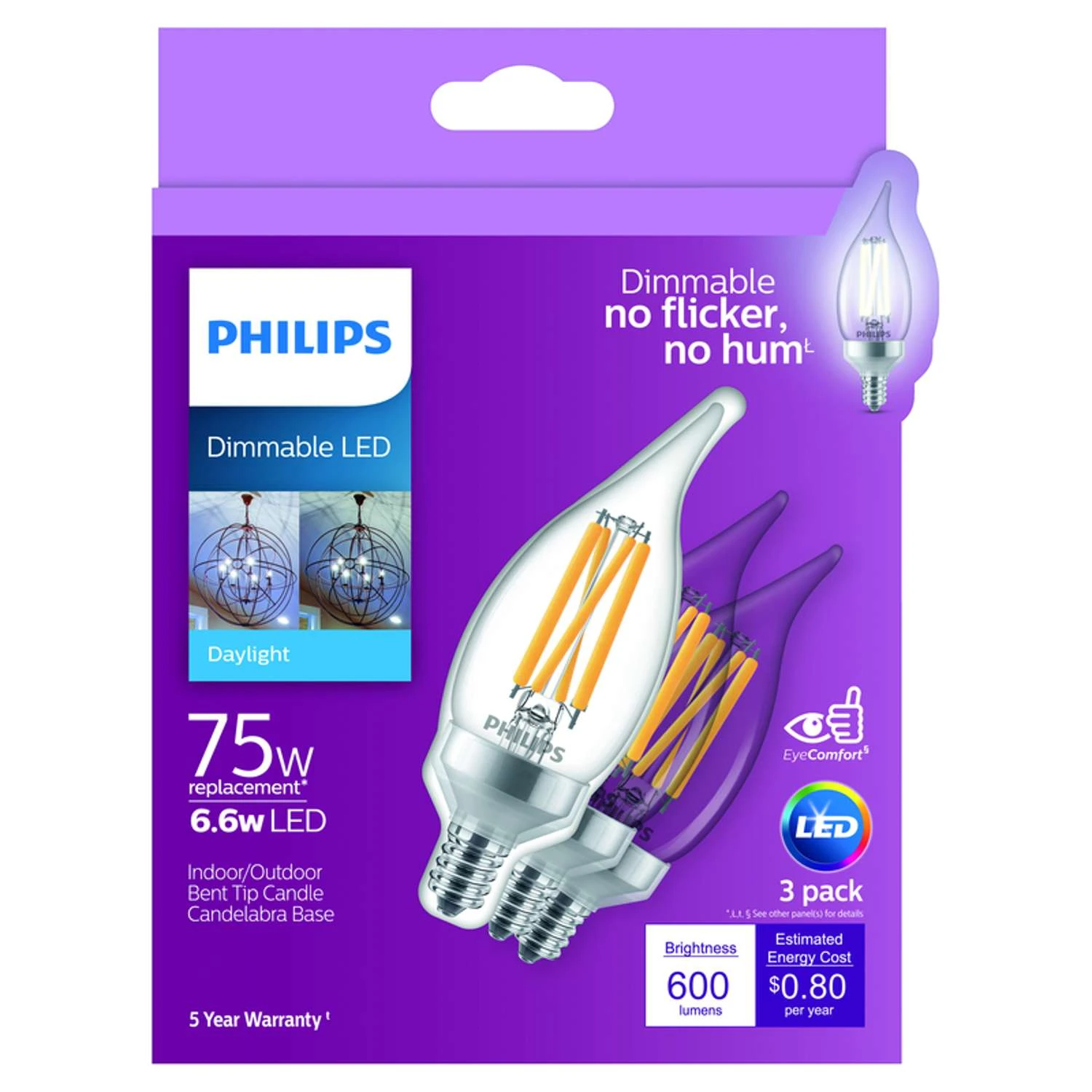 Philips BA11 E12 (Candelabra) LED Bulb Daylight 75 Watt Equivalence 3 Pk