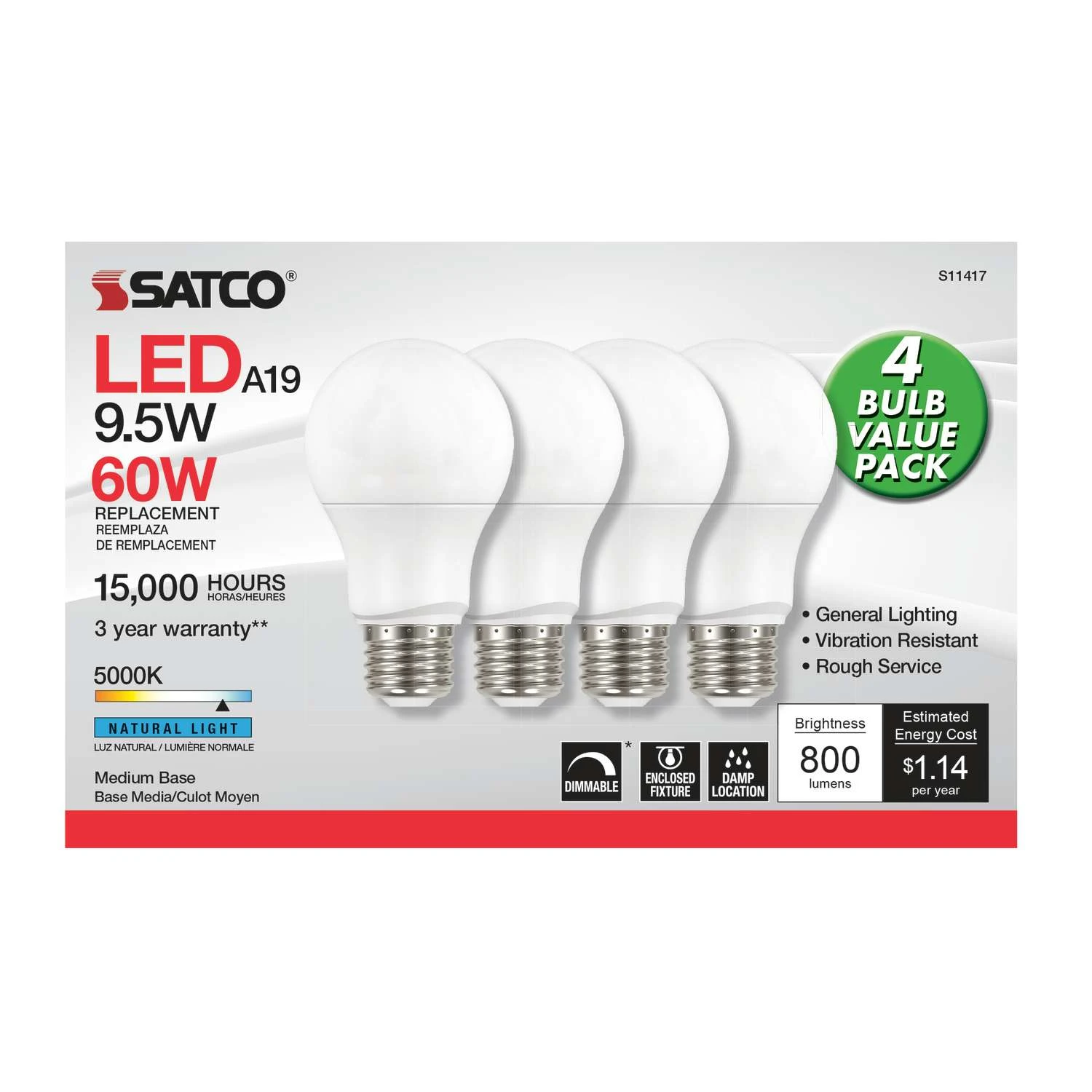 Satco A19 E26 (Medium) LED Bulb Natural Light 60 Watt Equivalence 4 Pk