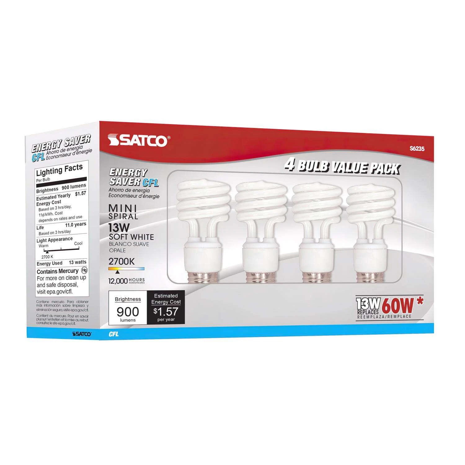 Satco 13 W T2 1.81 In. D X 4.13 In. L CFL Bulb Soft White Compact 2700 K 4 Pk - Image 4