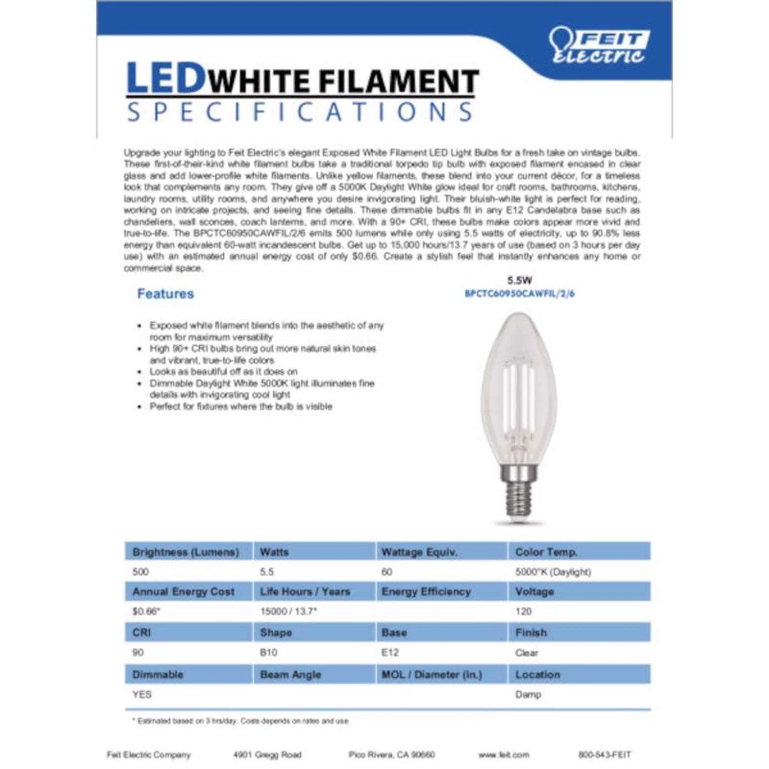 Feit White Filament BA10 E12 (Candelabra) Filament LED Bulb Daylight 60 Watt Equivalence 2 Pk - Image 9
