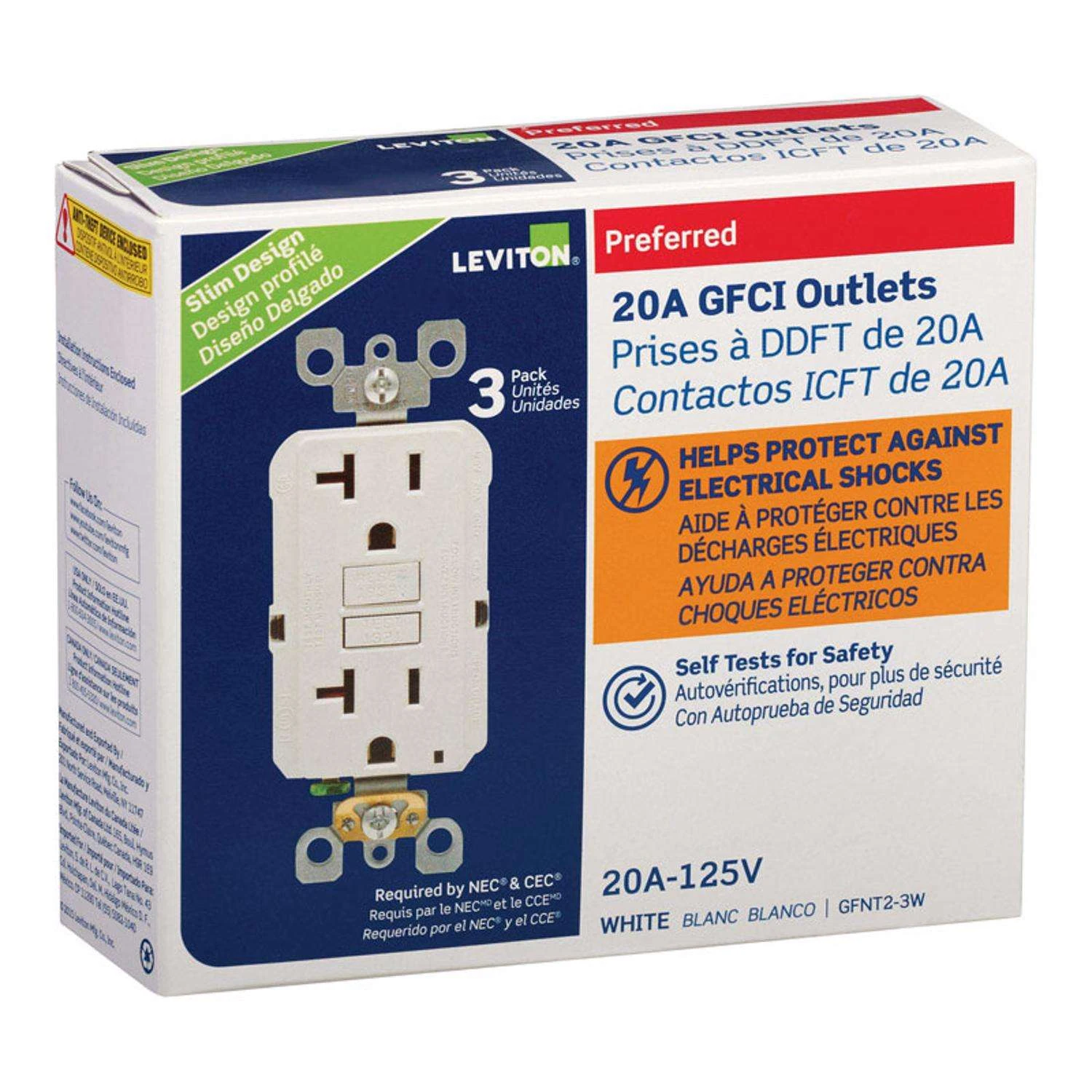 Leviton Smartlock Pro 20 Amps 125 V Duplex White GFCI Outlet 5-20R 3 Pk