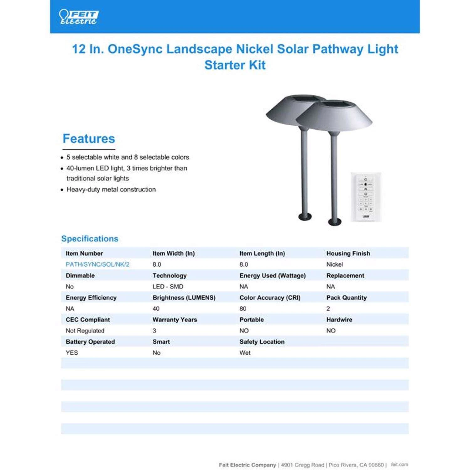 Feit OneSync Brushed Nickel Solar Powered 40 W LED Pathway Light 2 Pk - Image 9
