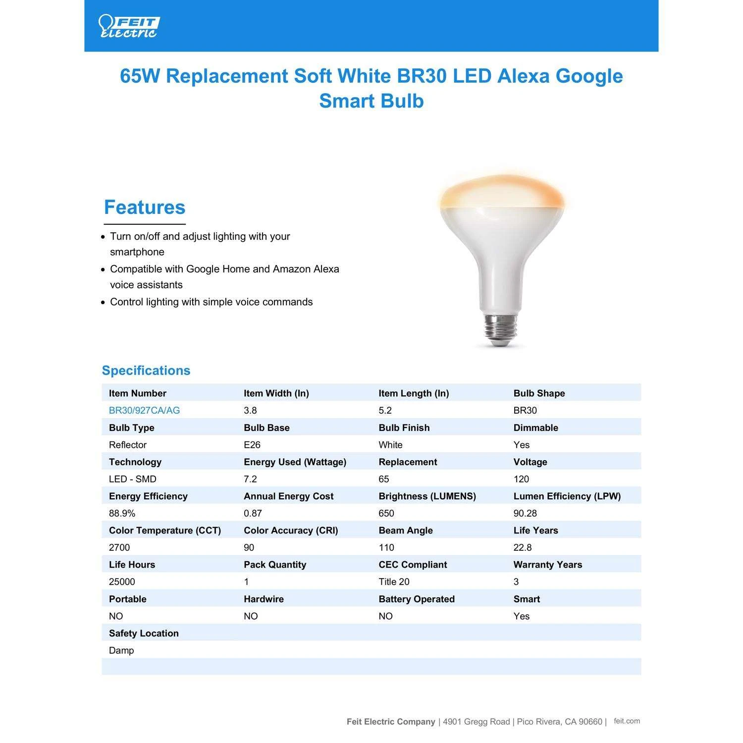 Feit Smart Home BR30 E26 (Medium) Smart-Enabled LED Bulb Soft White 65 Watt Equivalence 1 Pk - Image 6