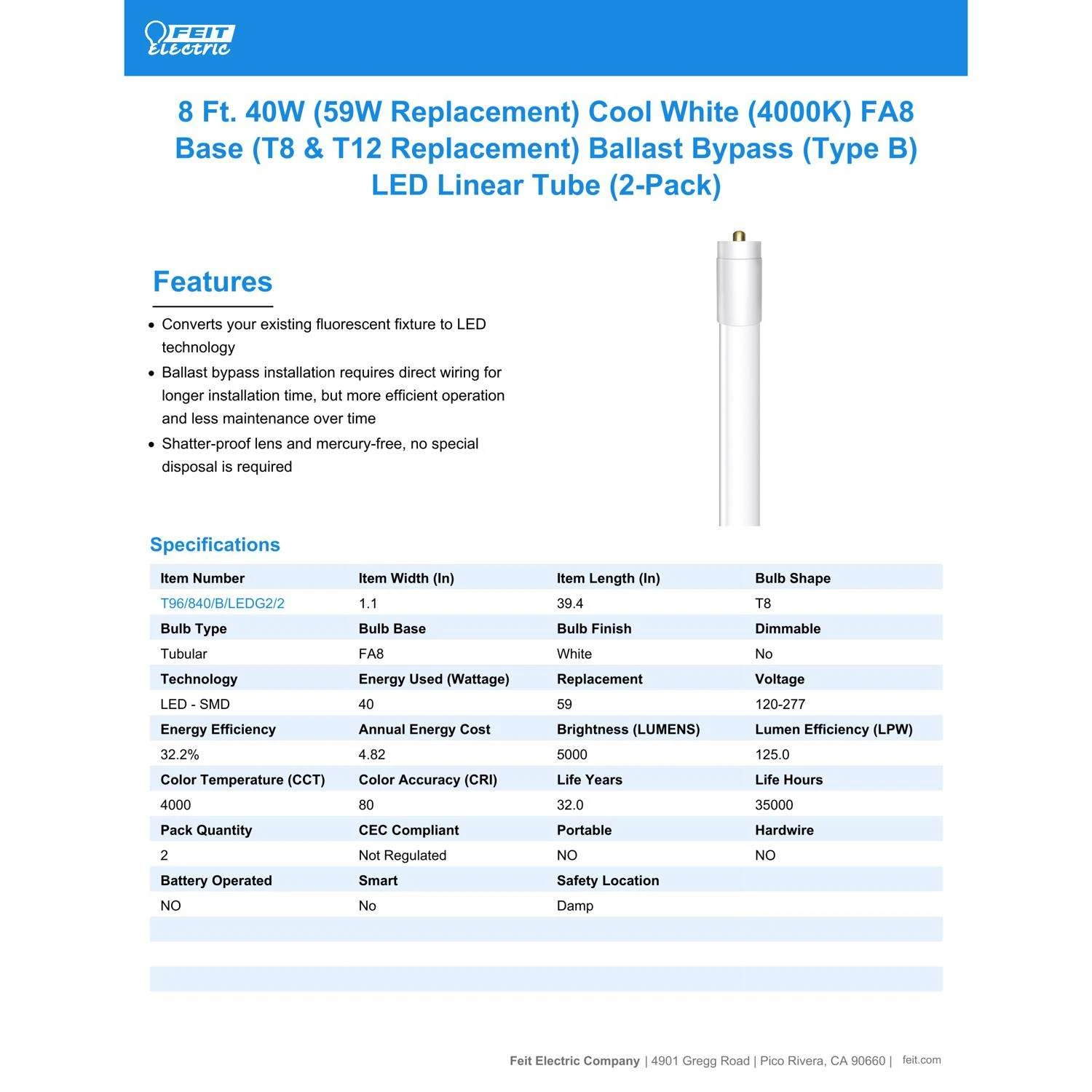 Feit LED Cool White 39.4 In. FA8 T8 Ballast Bypass Bulb 59 Watt Equivalence 2 Pk - Image 3