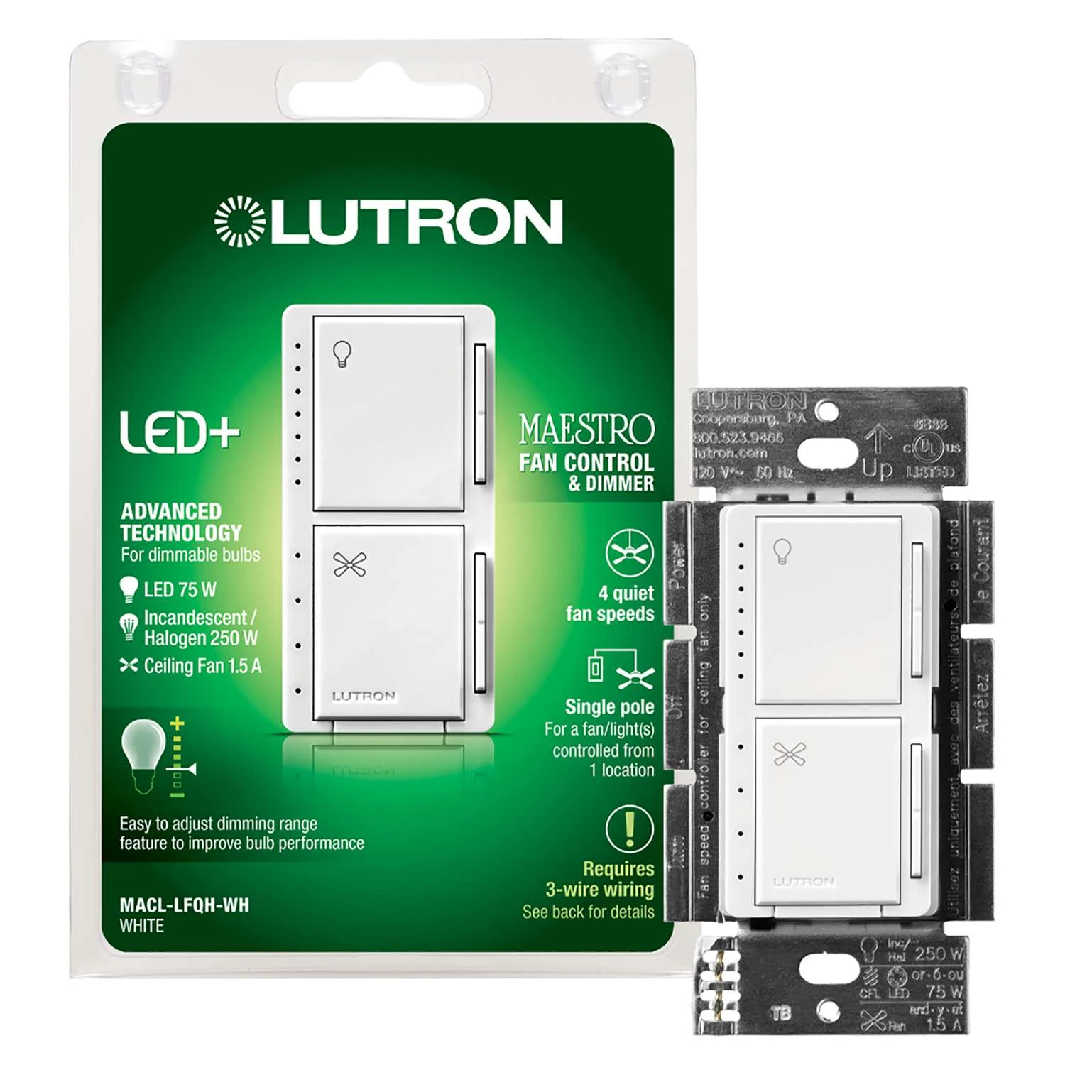 Lutron Maestro White 250 W Fan/LED Dimmer Switch 1 Pk - Image 2