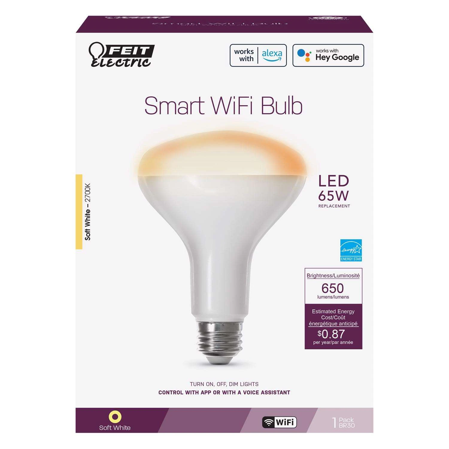 Feit Smart Home BR30 E26 (Medium) Smart-Enabled LED Bulb Soft White 65 Watt Equivalence 1 Pk