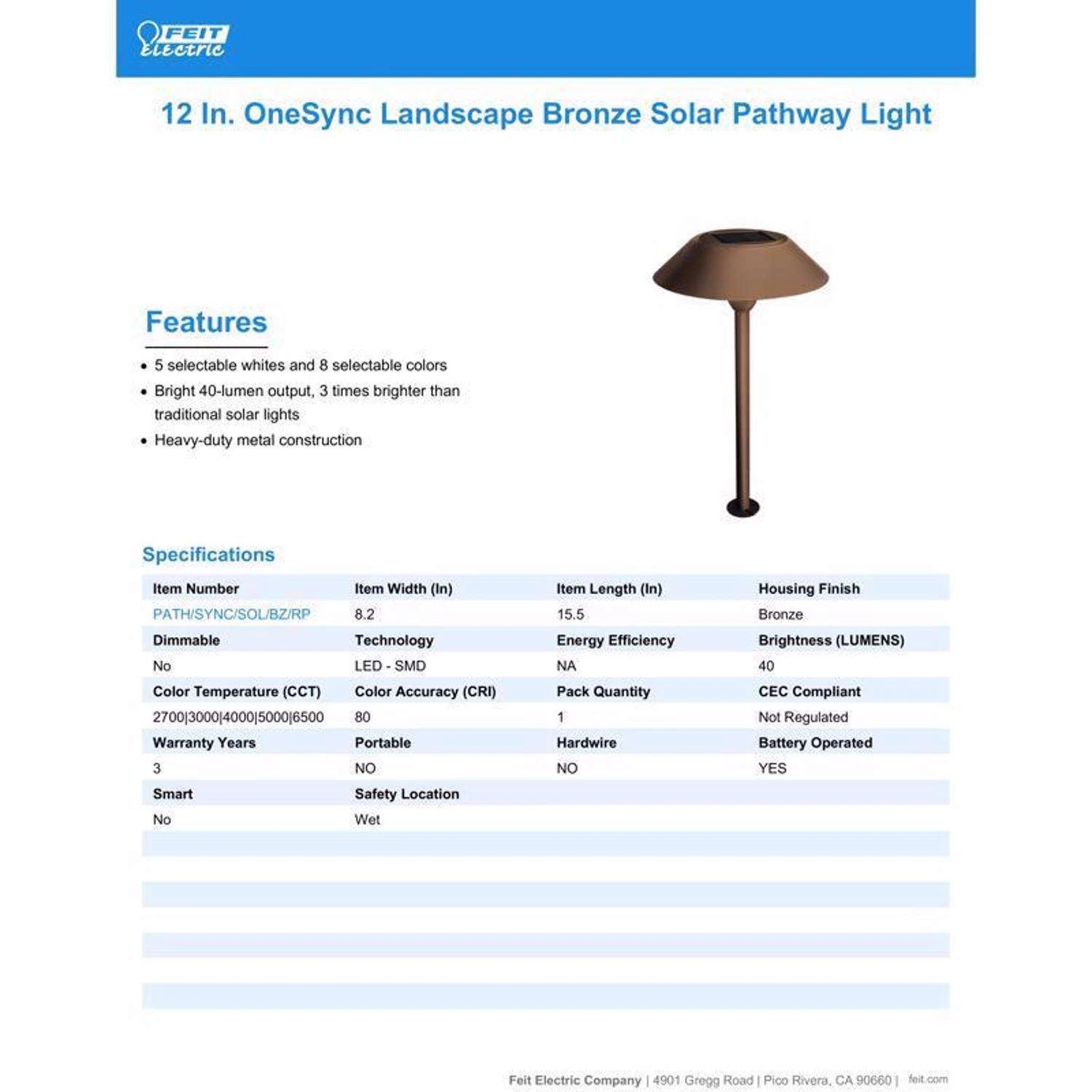 Feit OneSync Oil Rubbed Bronze Bronze Solar Powered 40 W LED Bollard Light 1 Pk - Image 10