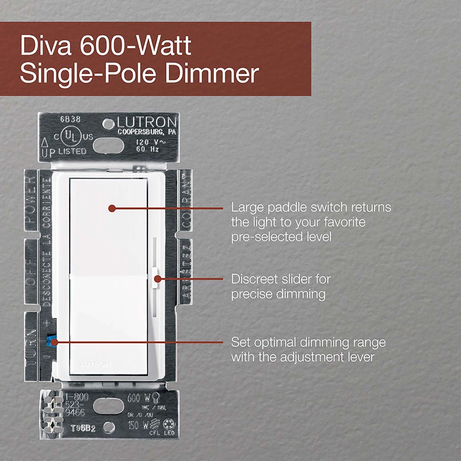 Lutron Diva Almond 600 W Slide Dimmer Switch 1 Pk - Image 2
