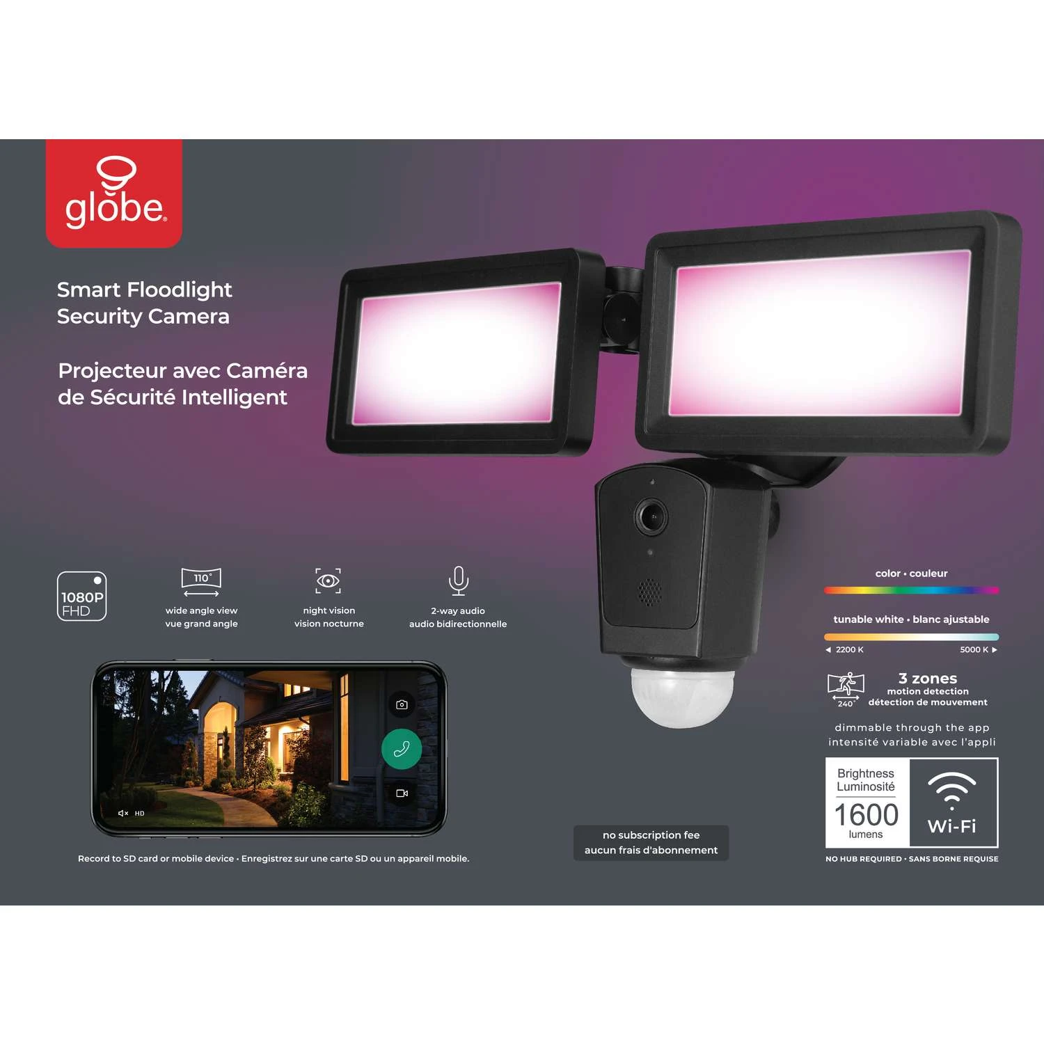 Globe Electric Smart Home Wi-Fi Hardwired LED Black Security Light With Video Camera - Image 6