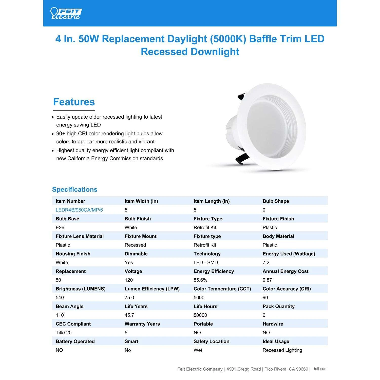 Feit Enhance Daylight 4 In. W LED Dimmable Recessed Downlight 7.2 W - Image 7