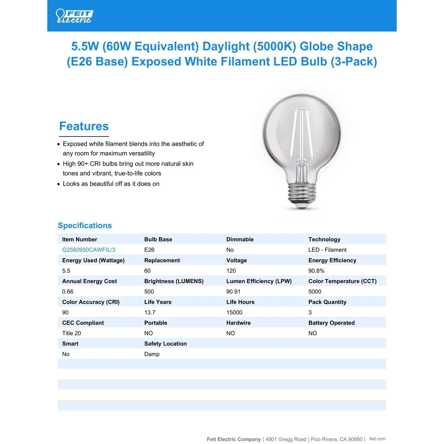 Feit White Filament G25 E26 (Medium) Filament LED Bulb Daylight 60 Watt Equivalence 3 Pk - Image 6