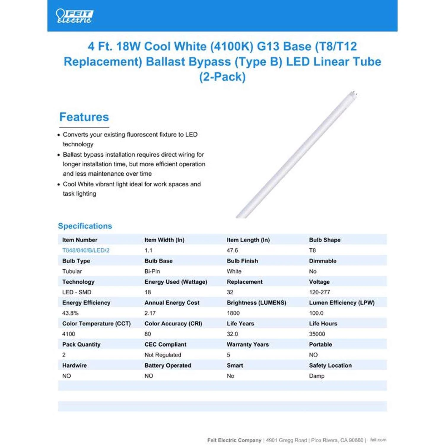 Feit LED Linears T8 Cool White 48 In. G13 Linear LED Bulb 32 Watt Equivalence 2 Pk - Image 8