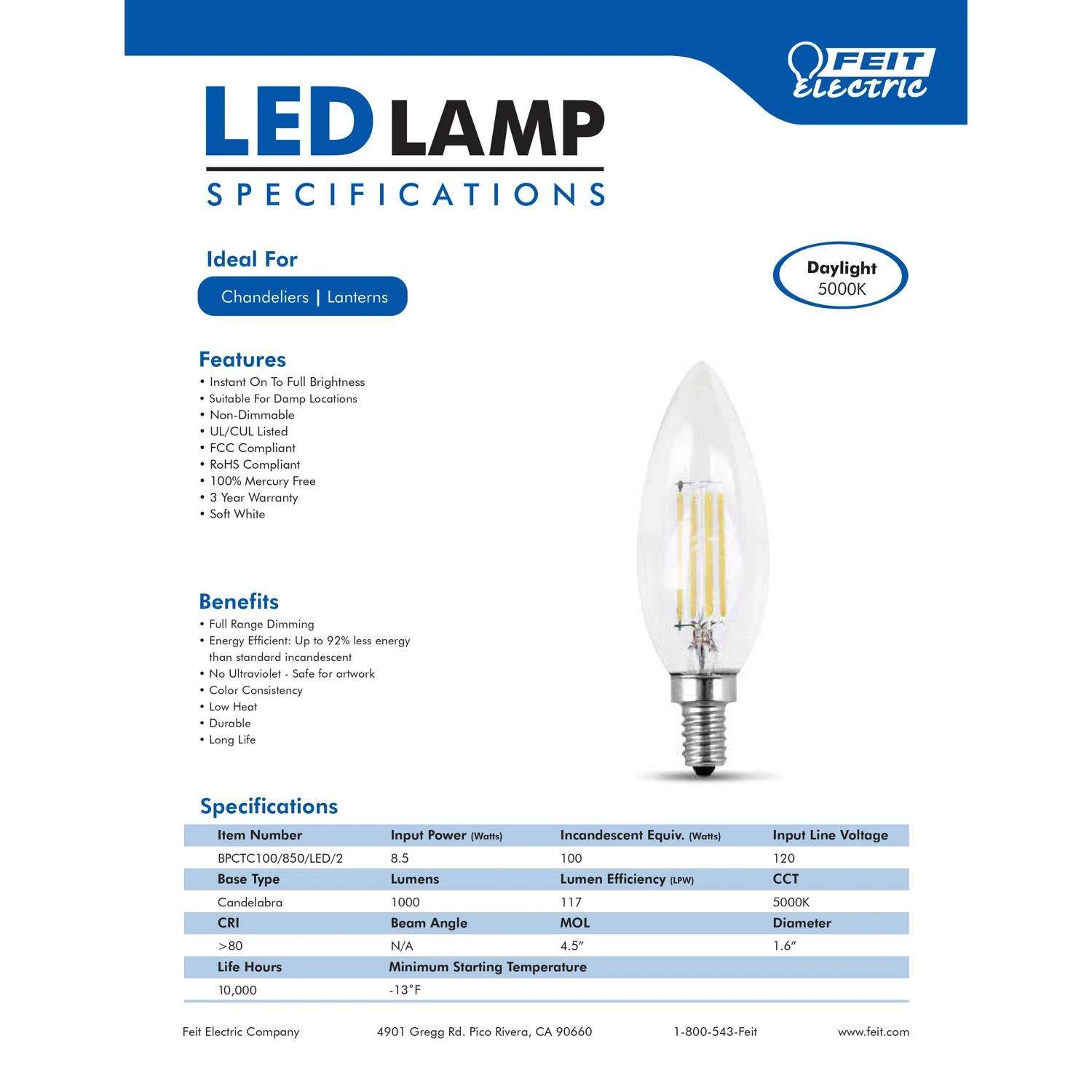 Feit LED Blunt Tip E12 (Candelabra) LED Bulb Daylight 100 Watt Equivalence 2 Pk - Image 5