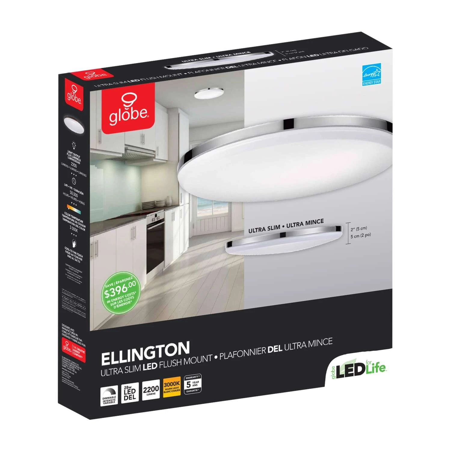 Globe Electric Ellington 2 In. H X 14 In. W X 14 In. L Chrome Ceiling Light - Image 6