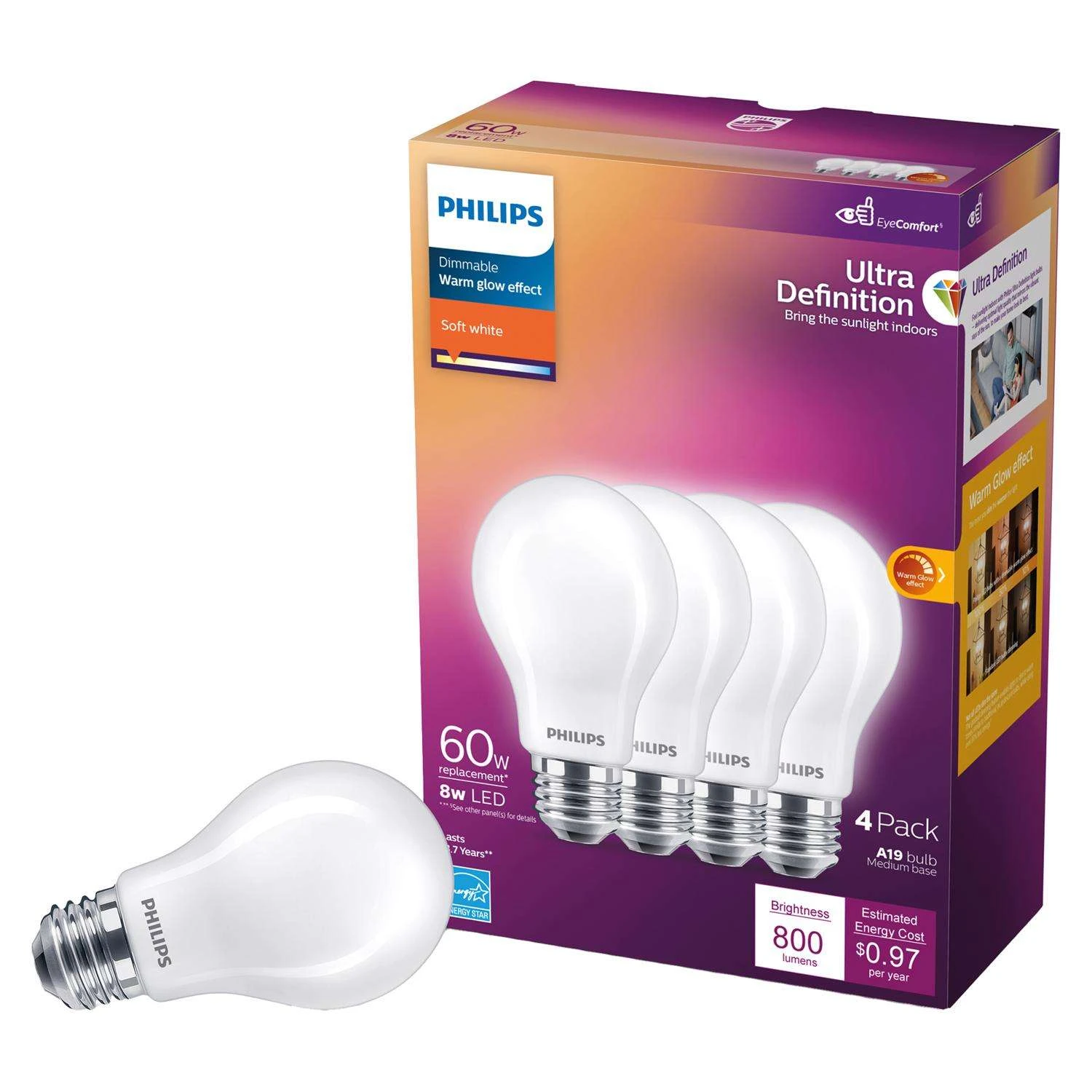 Philips Ultra Definition A19 E26 (Medium) LED Bulb Soft White 60 Watt Equivalence 4 Pk