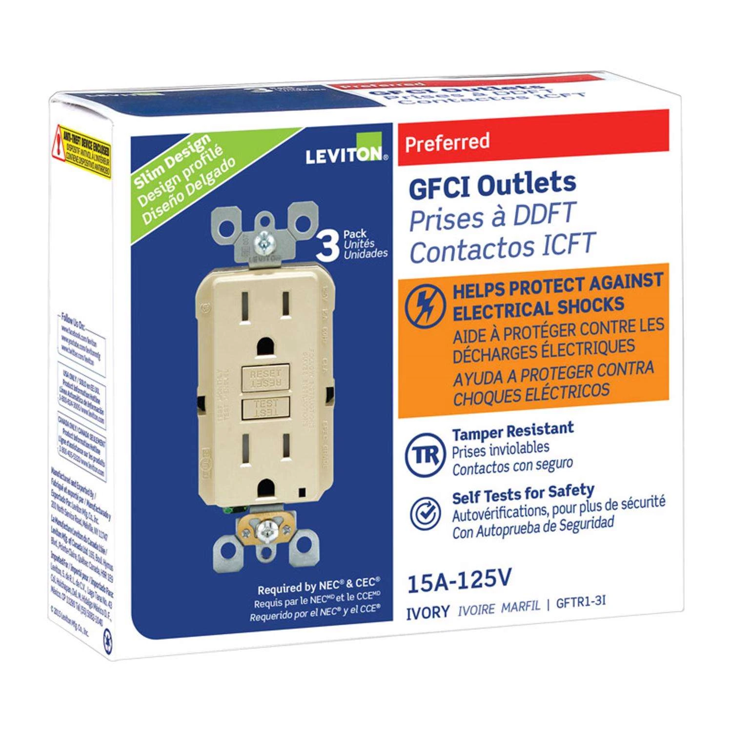 Leviton SmartlockPro 15 Amps 125 V Duplex Ivory GFCI Outlet 5-15R 3 Pk