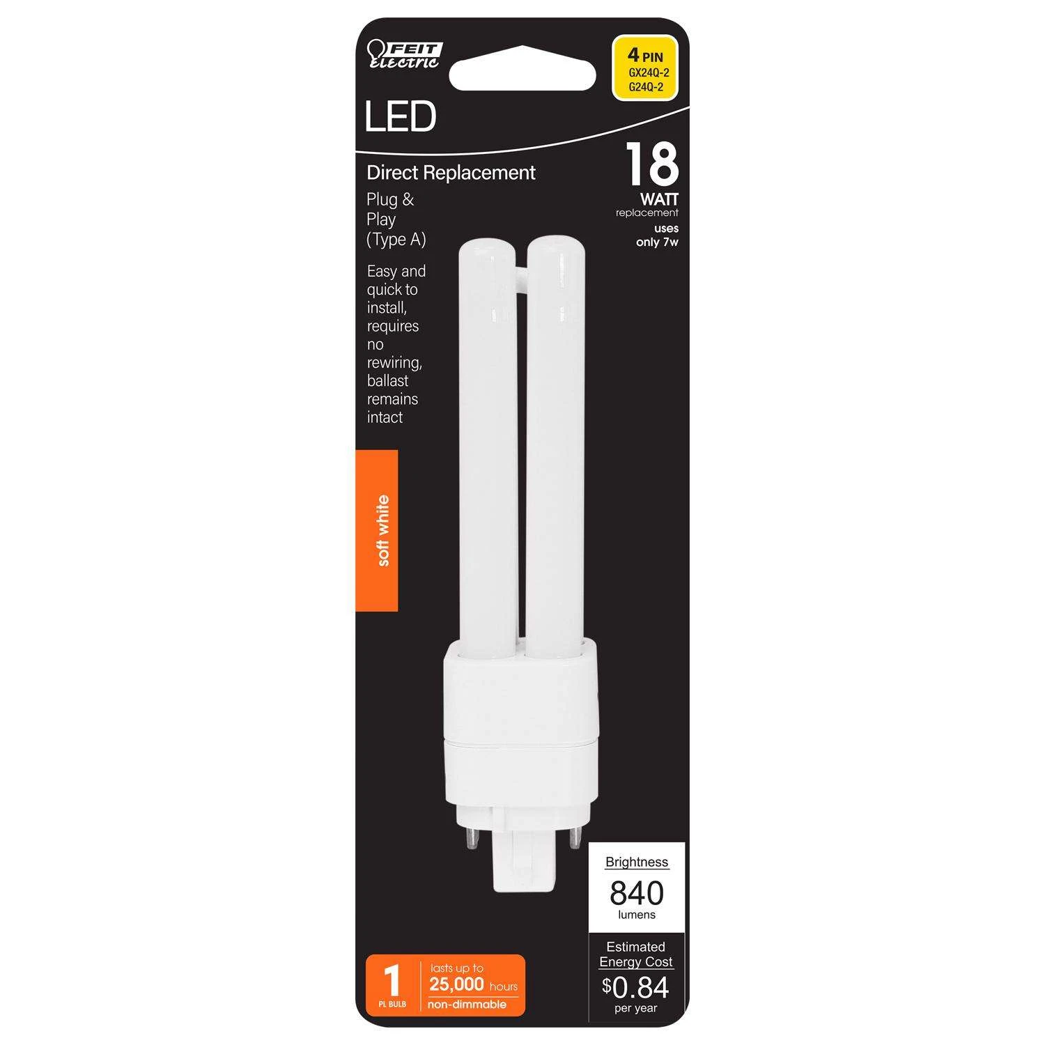 Feit LED Linear PL G24Q-2 LED Light Bulb Soft White 18 Watt Equivalence 1 Pk