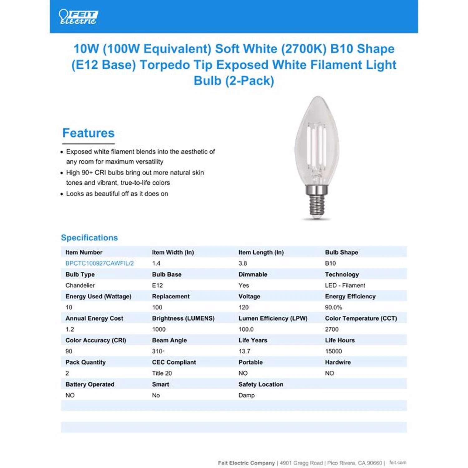 Feit White Filament B10 E12 (Candelabra) Filament LED Bulb Soft White 100 Watt Equivalence 2 Pk - Image 9