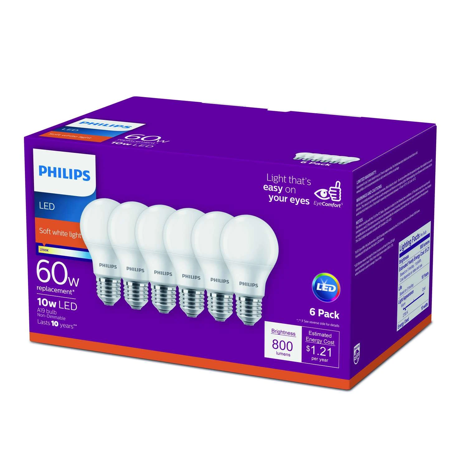 Philips A19 E26 (Medium) LED Bulb Soft White 60 Watt Equivalence 6 Pk