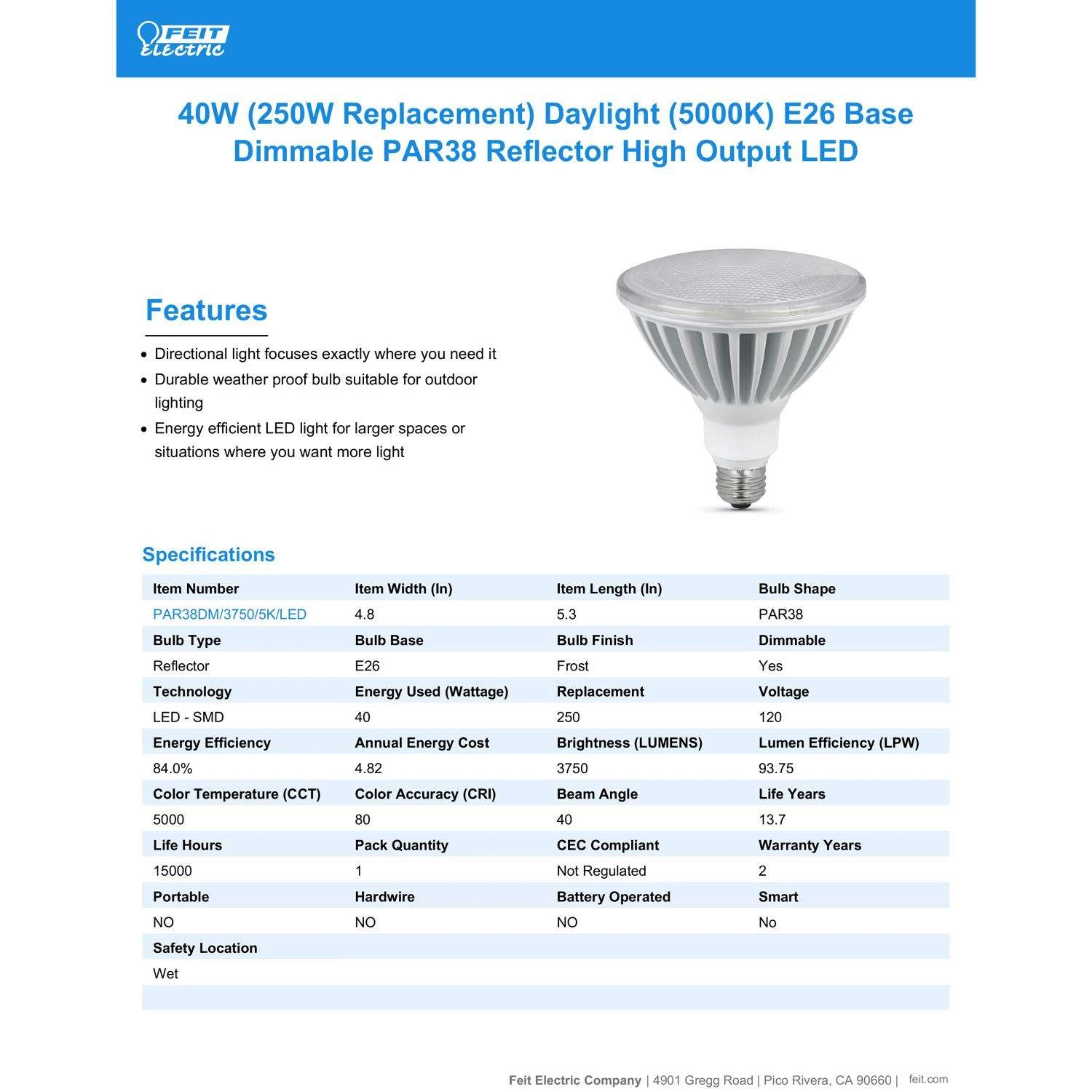 Feit LED PAR38 E26 (Medium) LED Bulb Daylight 250 Watt Equivalence 1 Pk - Image 4