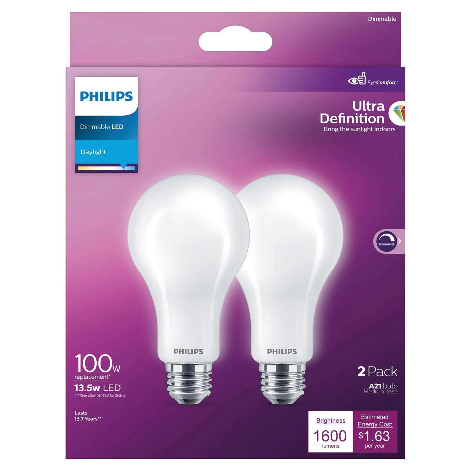 Philips Ultra Definition A21 E26 (Medium) LED Bulb Daylight 100 Watt Equivalence 2 Pk