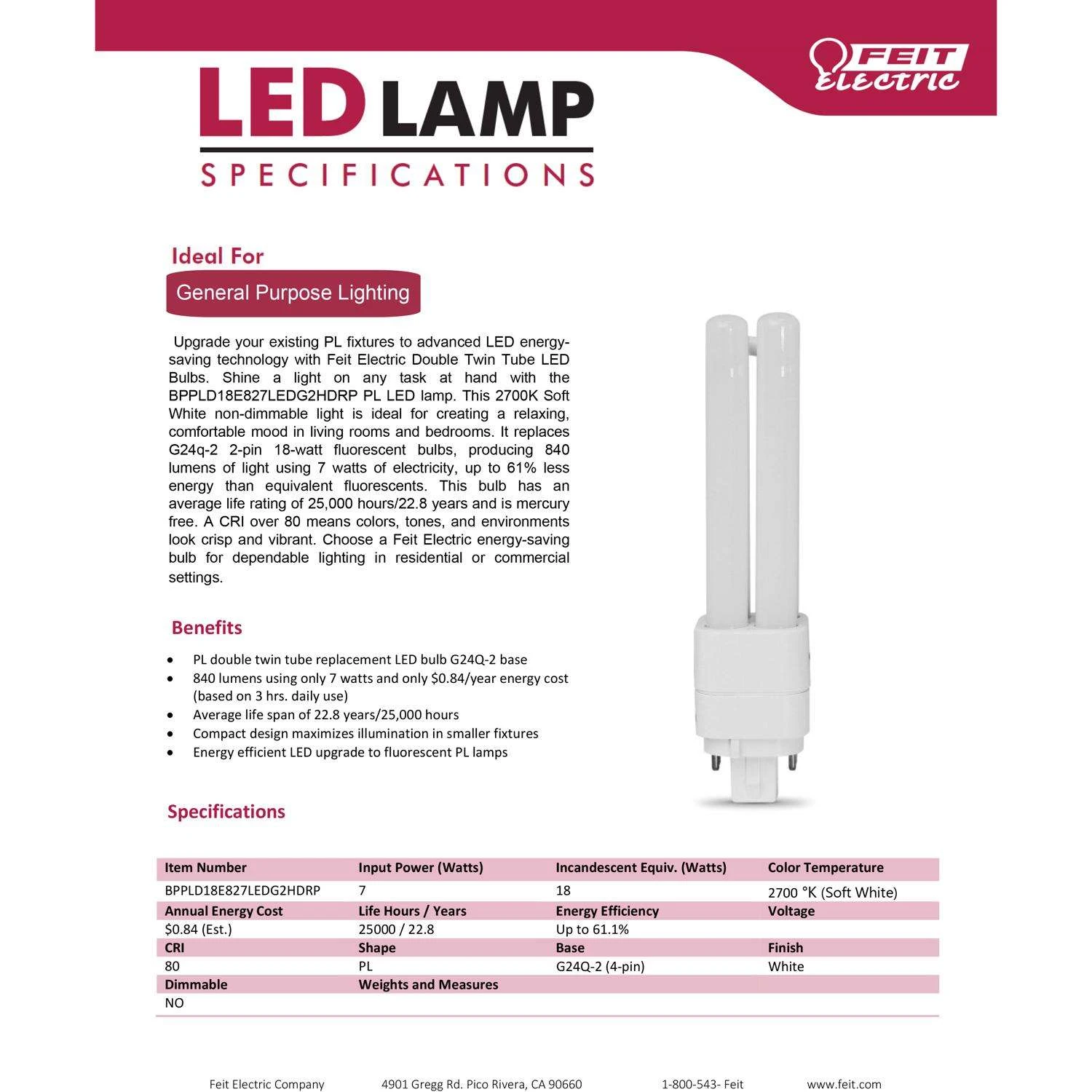 Feit LED Linear PL G24Q-2 LED Light Bulb Soft White 18 Watt Equivalence 1 Pk - Image 5