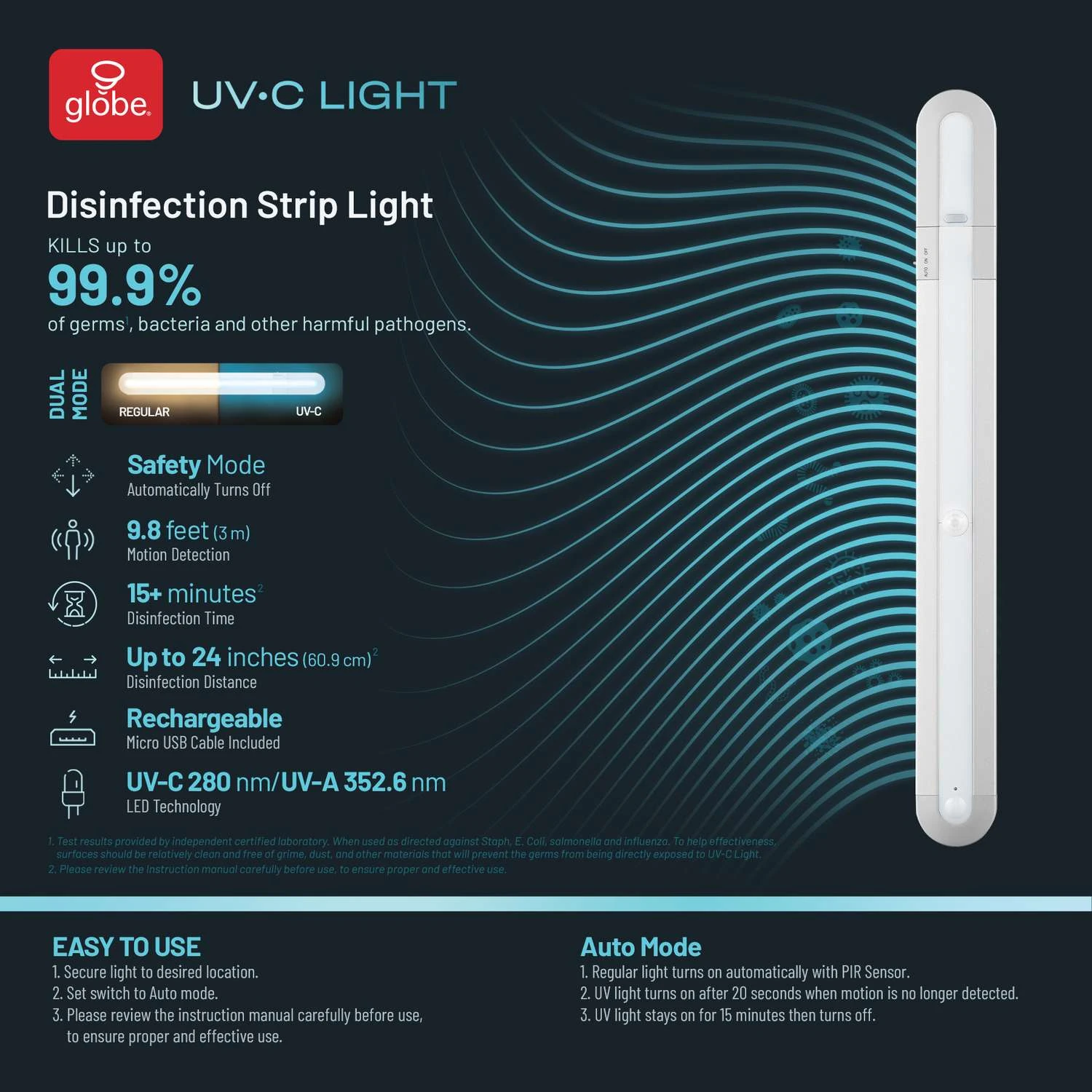 Globe Electric Disinfecting Germicidal Light 13.98 In. L White Battery Powered LED UV-C Smart-Enable - Image 3