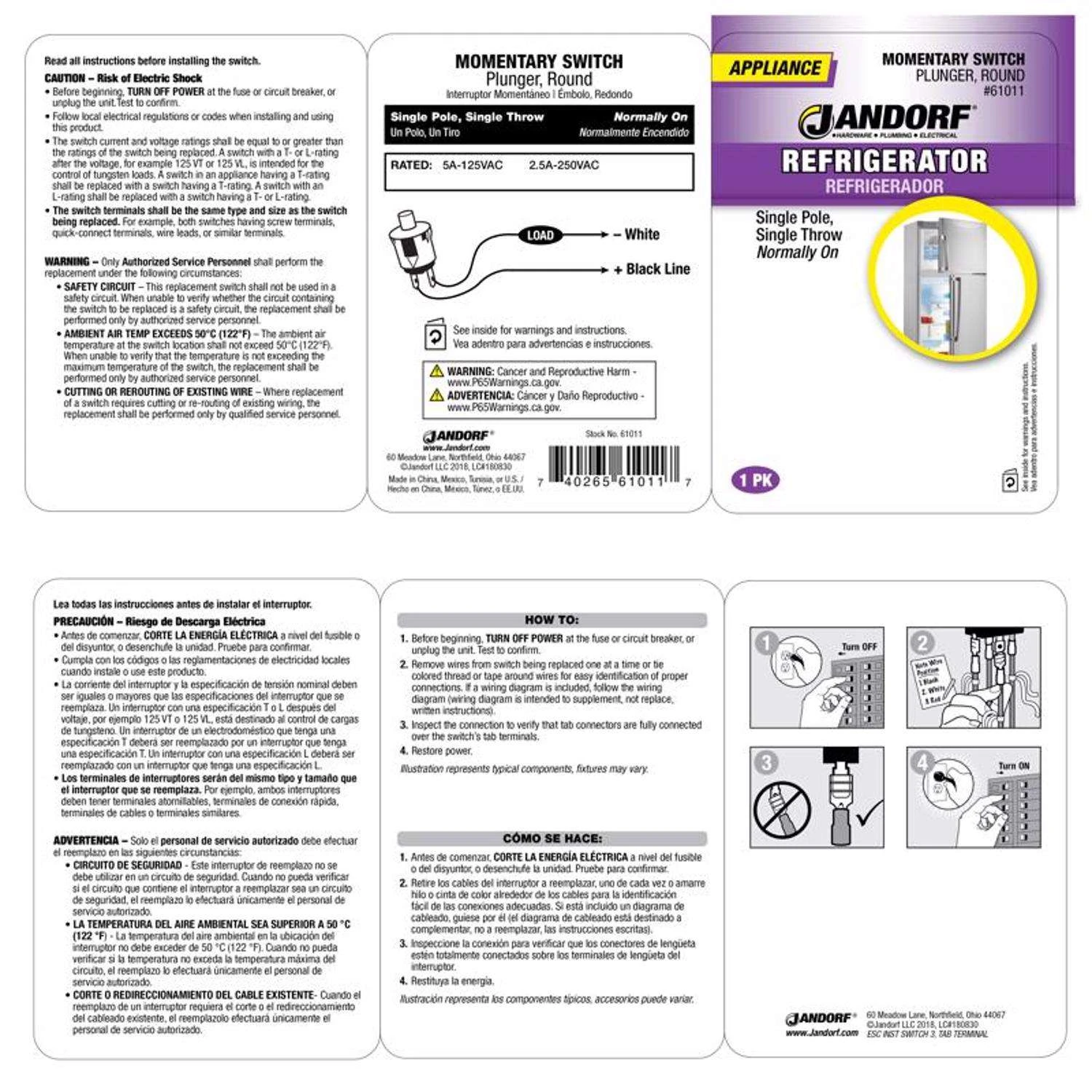 Jandorf 5 Amps Single Pole Momentary Appliance Switch White 1 Pk - Image 3