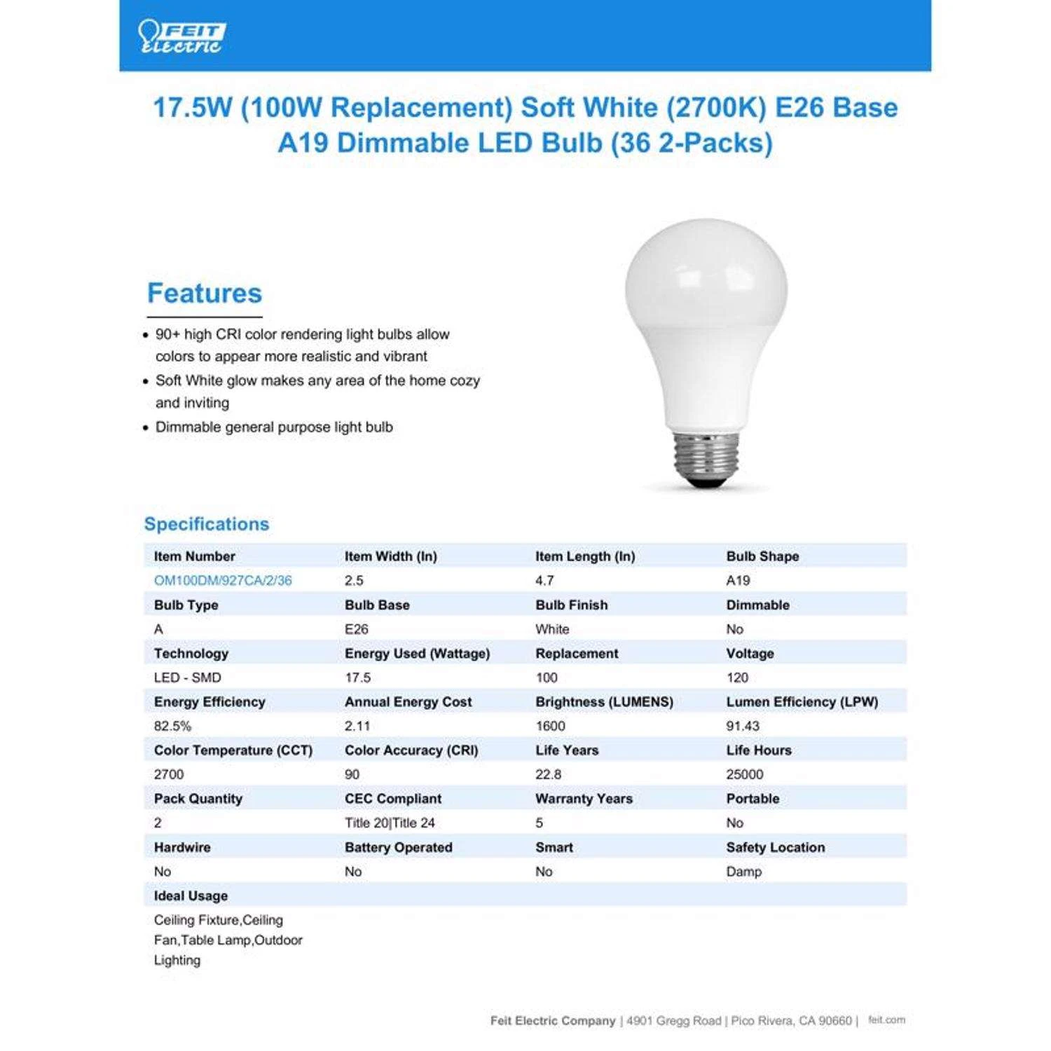 Feit LED A19 E26 (Medium) LED Bulb Soft White 100 Watt Equivalence 2 Pk - Image 6